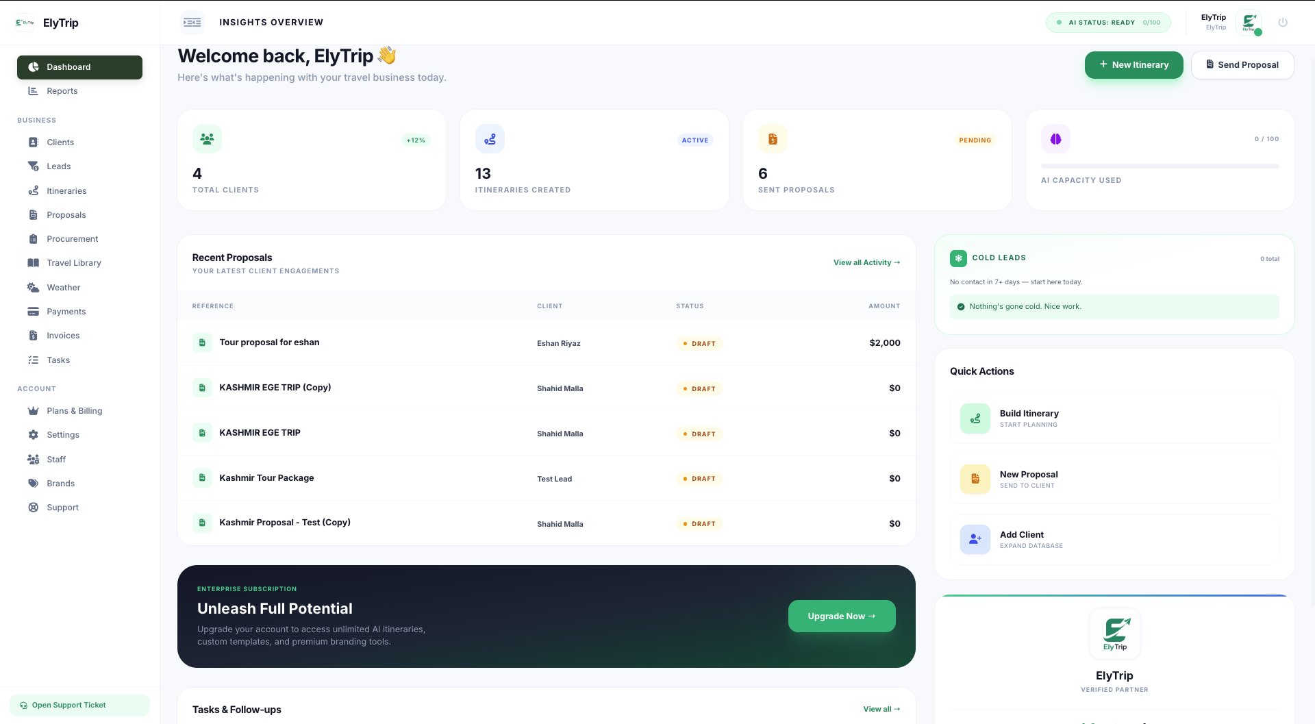 JK Tour CRM dashboard with lead funnel and proposals